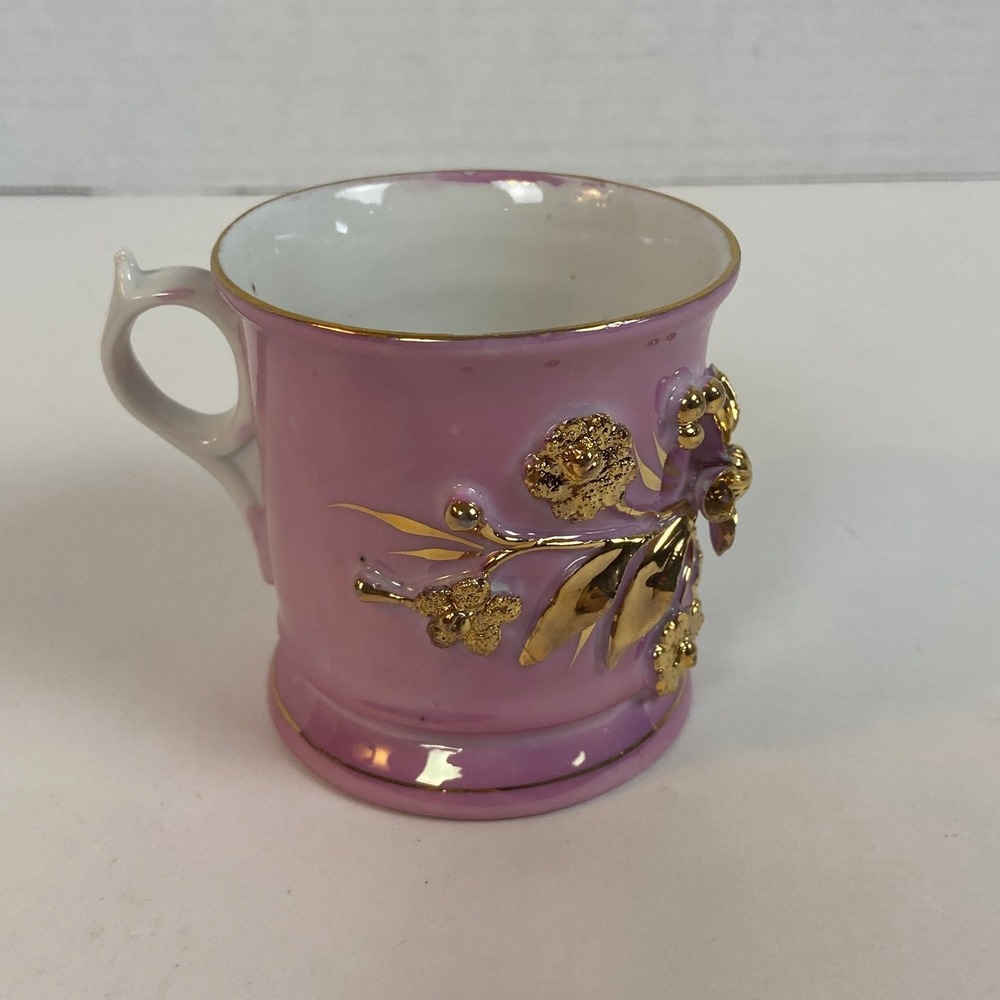 Antique Pink Luster Porcelain Demitasse Cup Gold 3D Applied Floral Relief Mug
